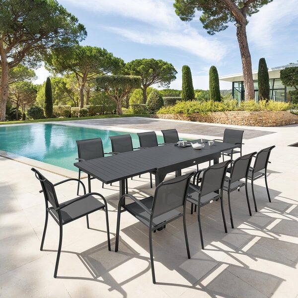 Hespéride - Table de Jardin Extensible Piazza Gris Graphite - 10 Places - Aluminium Antirouille - Meuble d'Extérieur à Rallonge Coulissante