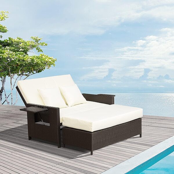 Outsunny Canapé-lit de Jardin modulable en résine tressée Bain de Soleil 2 Places Dossier inclinable tablettes rétractables Coussins intégrées crème + Repose-Pieds avec Coffre de Rangement Chocolat