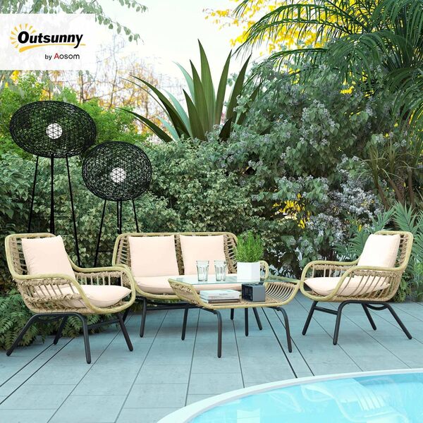 Outsunny Salon de Jardin 4 pers. 4 pièces Style Exotique métal époxy résine Imitation Coussins Grand Confort Inclus Polyester Beige