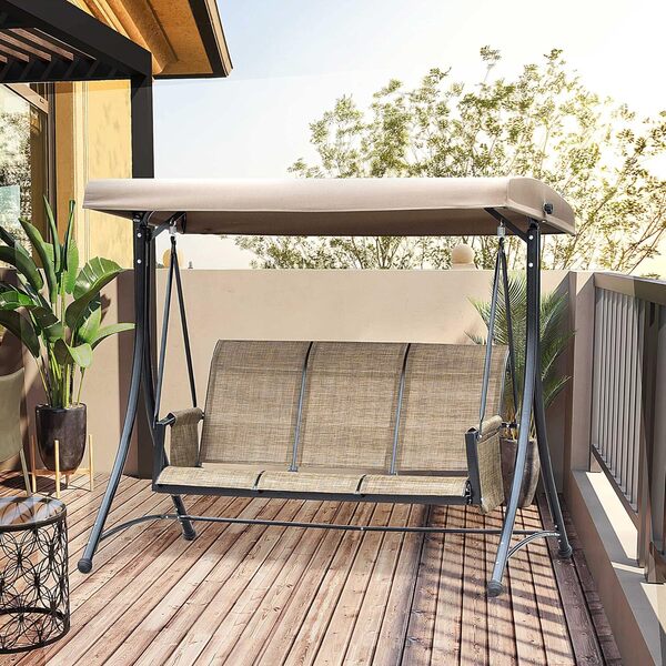 Outsunny Balancelle de Jardin 3 Places Toit Inclinaison réglable Assise Dossier Ergonomique 2 Pochettes Rangement métal époxy alu. textilène Marron