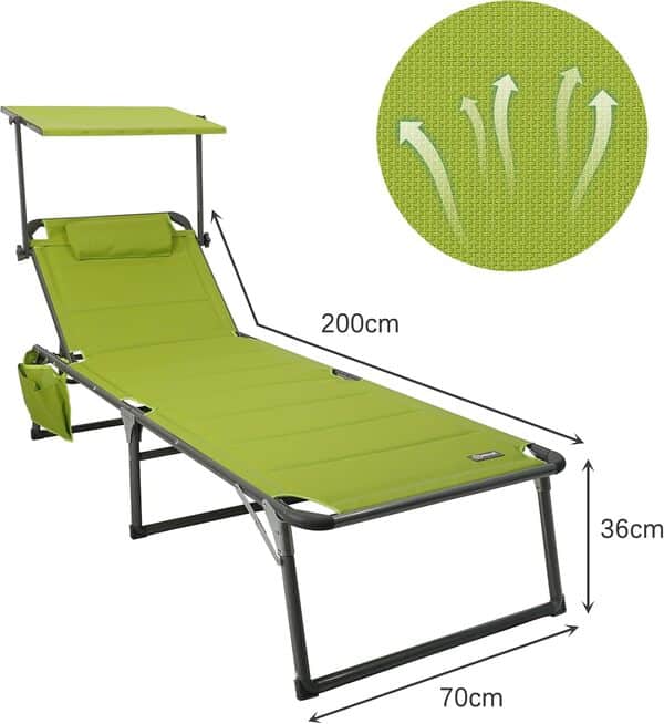HOMECALL Chaise longue en aluminium avec rembourrage en textilène 2x1, mousse à séchage rapide, poche, et pare-soleil, XXL (200 x 70 cm) - Vert