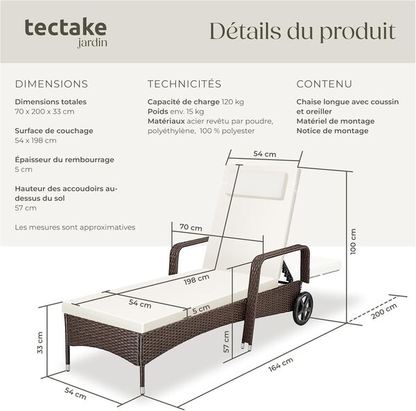 tectake® Chaise Longue Bain de Soleil en Resine Tressee Résistant Inclinable avec Roulettes Transat Salon de jardin exterieur Mobilier de Jardin Chaise Longue Piscine Plage - Marron Marbré