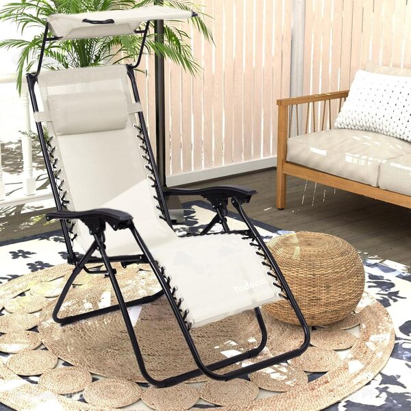 Todeco Chaise Longue Transat Jardin Plein Air, Transat de Plage Pliable avec Pare Soleil, Bain de Soleil avec Repose-tête, d’accoudoirs Réglables, Camping en Respirantes Textilène, Beige Clair