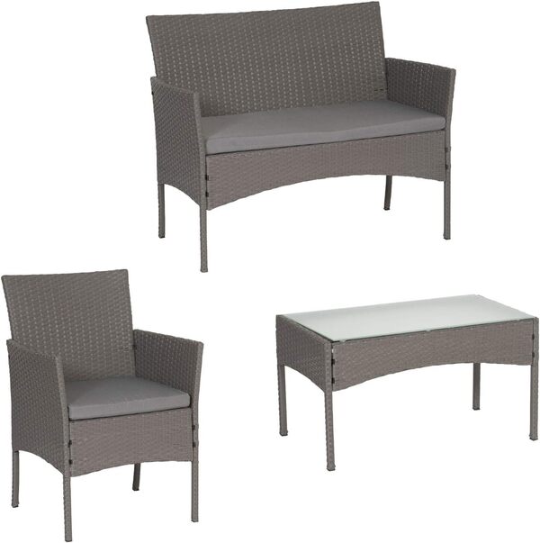 Salon de Jardin CORDOUE en résine tressée Grise et Coussins Gris. Ensemble Table et chaises d'extérieur pour 4 Personnes.