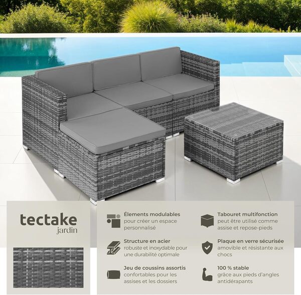 TecTake® Ensemble Salon de Jardin Exterieur en Poly Rotin Modulable Canapé 4 Places 3 Fauteuil Salon 1 Tabouret Pouf et 1 Table de Jardin, Mobilier de Jardin pour Amenagement Balcon Terrasse