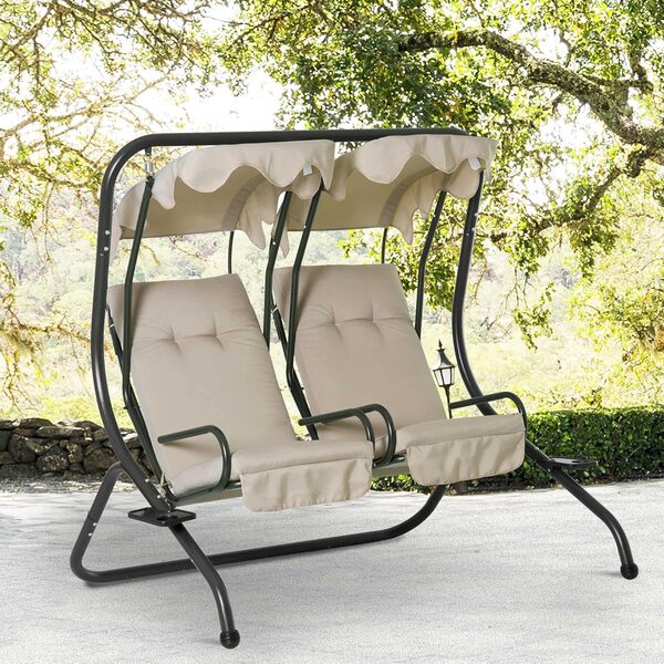 Outsunny Balancelle de Jardin 2 Places indépendantes 2 tablettes Supports Coussins Assise Dossier Grand Confort 1,7L x 1,36l x 1,7H m Acier Noir Polyester Beige