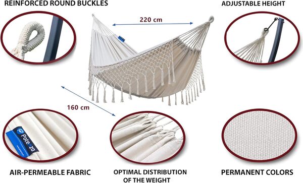 Potenza® Hamac avec Support métal et Graphite pour 2 Personnes Démontable - Charge Max 220 kg –Double XXL - avec Pied - Plus DE STABILITÉ- -Support - Ecru