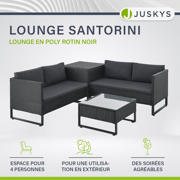 Juskys Coin Lounge extérieur Santorini en polyrotin - Salon de Jardin avec Table Basse et Coffre à Coussins - Meubles de Jardin en Imitation rotin résistant aux intempéries - Noir