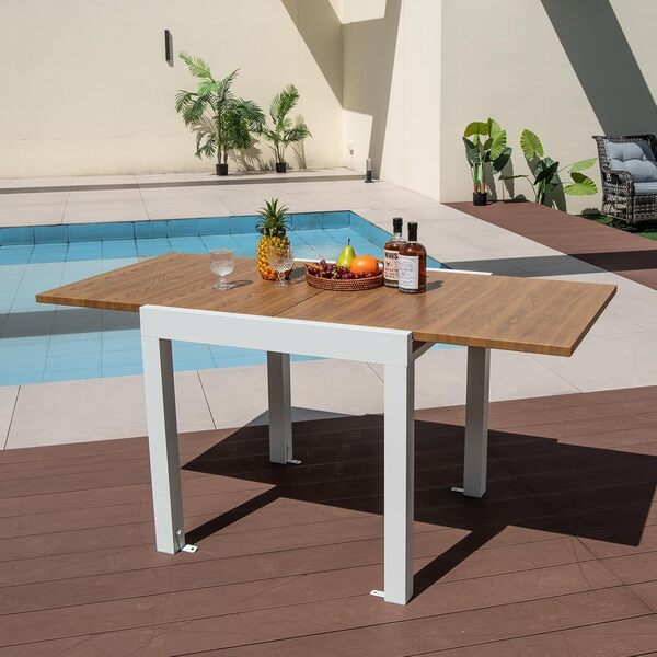 COSTWAY Table de Jardin Extensible en Aluminium Ajustable de 80 à 160 CM, Table à Manger Extérieure Rectangulaire pour 4-6 Personnes, pour Cour Terrasse Jardin Piscine (Blanc+Naturel)
