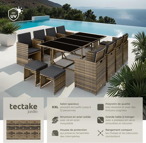 TecTake Salon en Résine Tressée - Ensemble Repas Extérieur 8 Chaises Confortables 4 Tabourets 1 Table - Mobilier de Jardin pour Balcon Terrasse - Marron Naturel/Gris Foncé