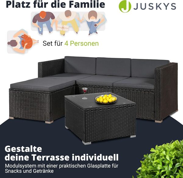 Juskys Salon de Jardin en polyrotin Lounge Punta Cana M, résistant aux intempéries - avec canapé 3 Places, Tabouret, Table & Coussins 3-4 Personnes - Ensemble de Meubles de Jardin Noir/Gris