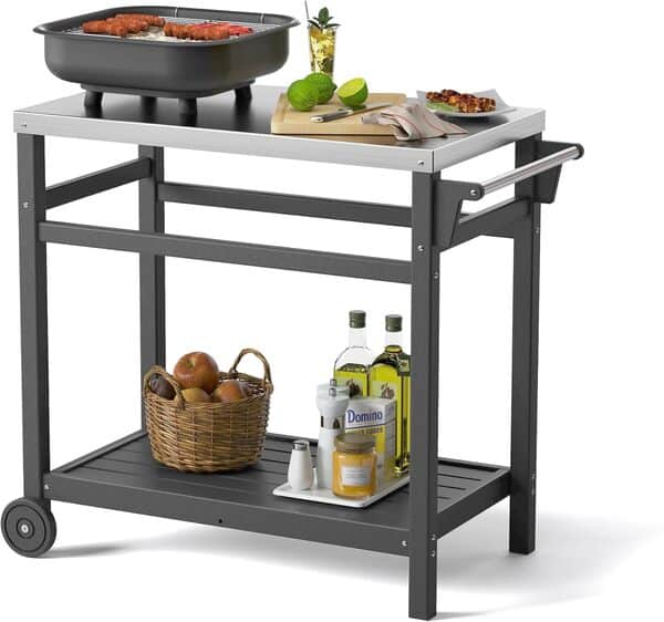 TORVA Chariot pour Barbecue, HDPE Chariot plancha, Chariot de Cuisine d'extérieur avec Plan de Travail en Acier Inoxydable (Gris)