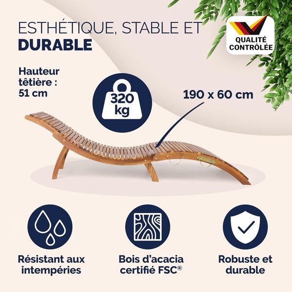 Casaria 2X Chaise Longue en Bois d'acacia Pliable 160kg Poignée Transport Chaise Longue Jardin Ergonomique Chaise Bois Fonction Valise Certifié FSC