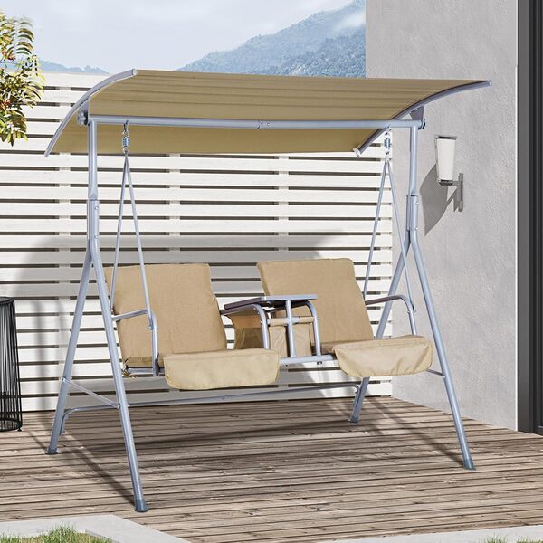 Outsunny Balancelle Design de Jardin 2 Places Inclinaison Toit réglable Tablette rétractable Rangement Acier Gris Clair Beige