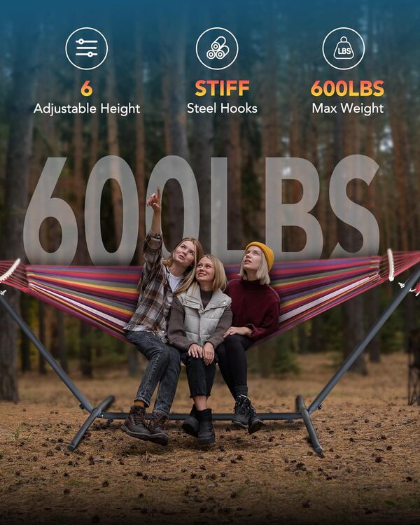 EveryFun Hamac double avec support en acier robuste, portable, assemblage facile, capacité de charge de 272,2 kg, parfait pour l'intérieur, la cour, le camping ou l'extérieur - Arc-en-ciel