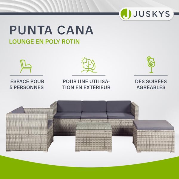 Juskys Salon de Jardin en polyrotin Lounge Punta Cana L, résistant aux intempéries - avec canapé, Fauteuil, Tabouret, Table & Coussins - 4-5 Personnes - Ensemble de Meubles de Jardin Gris chiné