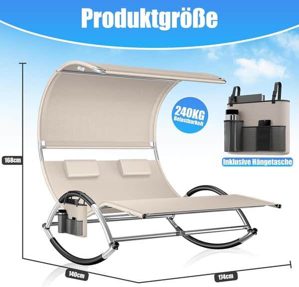 KESSER® Chaise Longue Double Double +Toit Solaire, Coussin, pour 2 Personnes, Chaise Longue de Relaxation, Chaise Longue de Jardin à Bascule, Surface de Couchage Ergonomique, Charge de 240 kg, Beige