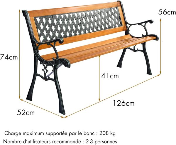 RELAX4LIFE Banc de Jardin en Bois de Pin avec Pieds en Fer Forgé, Banc Bois Extérieur AEC Dossier Ergonomique, Accoudoirs Incurvés pour Parc Cour Pelouse, Charge 208 KG,126X52X74CM(Modèle 11)