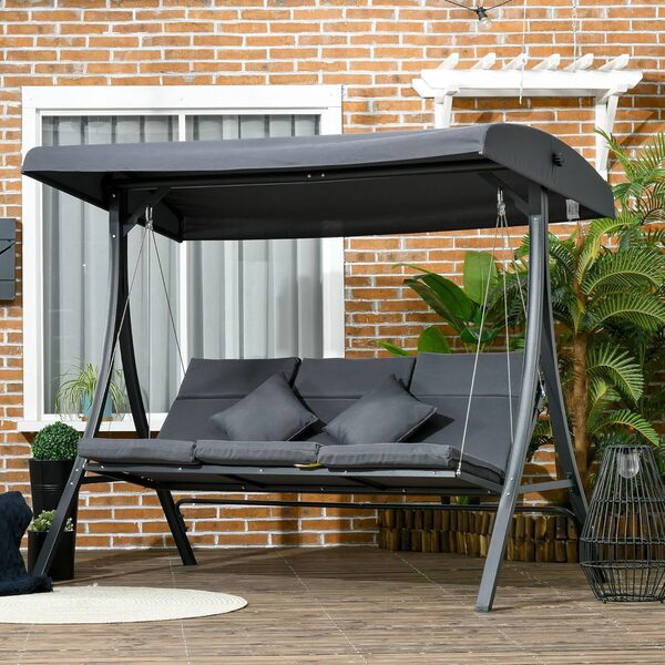 Outsunny Balancelle de Jardin 3 Places Grand Confort Inclinaison Toit réglable Matelas fourni Acier Polyester dim. 202L x 115l x 168H cm Gris foncé
