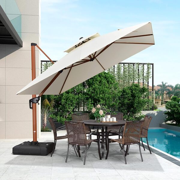 PURPLE LEAF Parasol De Jardin Extérieur, Parasol Déporté Inclinable 3 x 3 m, Grain de Bois en Aluminium, Toit à Double Rotatif 360°, Protection UV Automne, Convient aux Villas Haut de Gamme, Créma