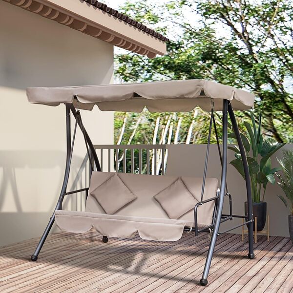 Outsunny Balancelle de Jardin Convertible 3 Places Grand Confort Inclinaison Toit réglable Matelas fourni 2L x 1,25l x 1,7H m métal Polyester Noir et Beige