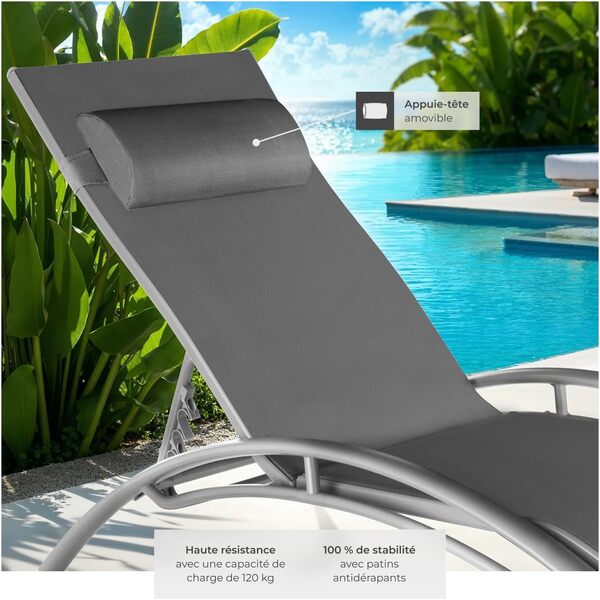 TecTake® Set de 2 Chaise Longue Bain de Soleil Jardin Exterieur avec Appuie-tête Chaise Longue inclinable Sun Lounger Transat de Plage Relax Camping Salon de Jardin Exterieur - Gris