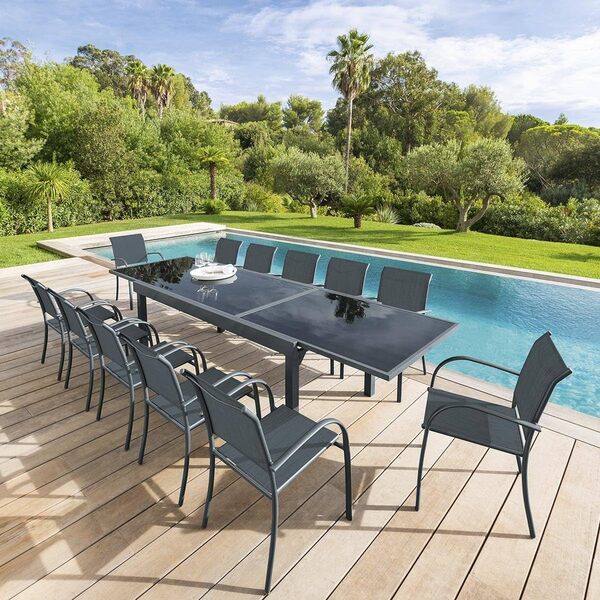 Hespéride - Table de Jardin Extensible Piazza Gris Graphite - 12 Places - Aluminium Antirouille Verre trempé - Meuble d'Extérieur Rallonge Coulissante