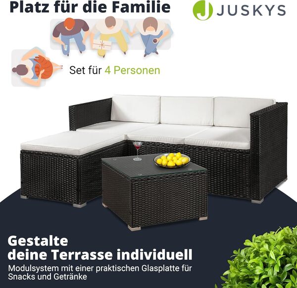 Juskys Salon de Jardin en polyrotin Lounge Punta Cana M, résistant aux intempéries - avec canapé 3 Places, Tabouret, Table & Coussins 3-4 Personnes Ensemble de Meubles de Jardin Noir/crème
