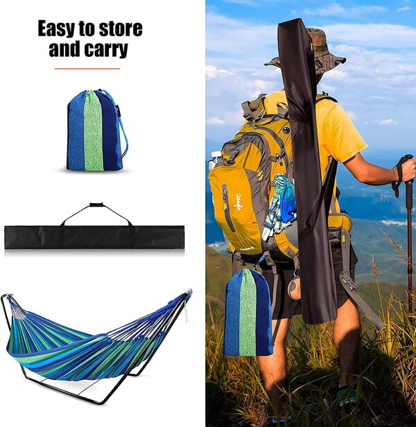 ISWEES Hamac d'extérieur avec support, chaises de jardin de camping, hamac une place avec cadre en métal, sac de transport portable et accessoires - Maximum 297 kg - Bleu