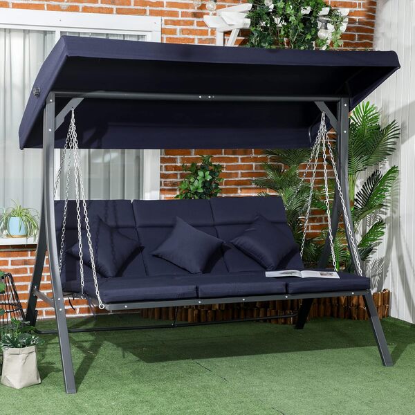 Outsunny Balançoire hollywoodienne 3 places, banc à bascule avec toit solaire réglable, balançoire de jardin avec coussin, charge maximale 270 kg, métal, Texteline, bleu foncé, 198 x 118 x 168 cm