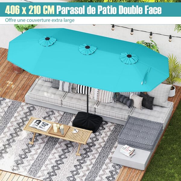 GOPLUS Parasol de Jardin Double Face avec Manivelle et Ventilation, 4x2M pour 6 Personnes, Pied pour Marché, Piscine, Terrasse, Balcon (Turquoise)