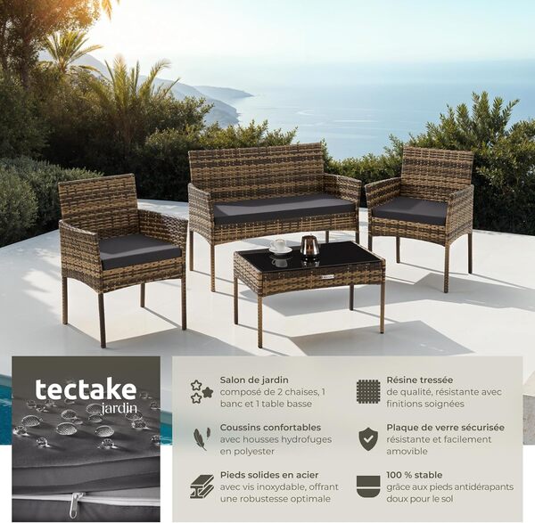 TecTake® Ensemble Salon de Jardin Exterieur en Résine tressée Canapé 2 Places 2 Fauteuil Salon et 1 Table de Jardin, Coussins Inclus, Mobilier de Jardin pour Amenagement Balcon Terrasse Veranda