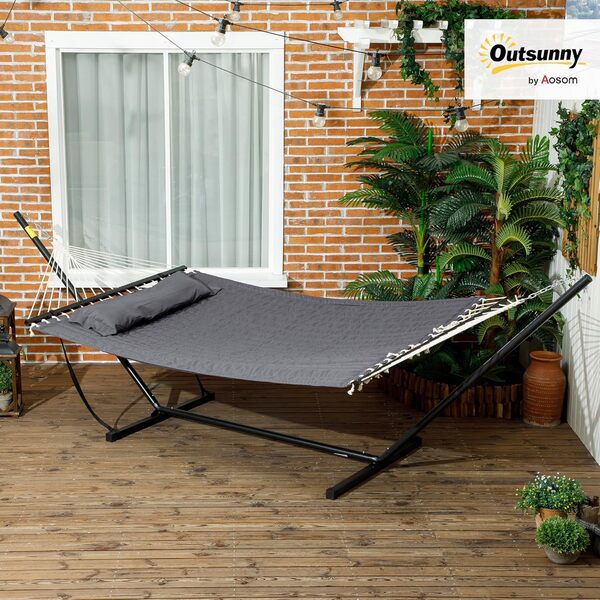 Outsunny Hamac sur Pied avec Oreiller, hamac avec Support Acier, avec Barres d'écartement, pour Camping en Plein air, Plage, Gris foncé