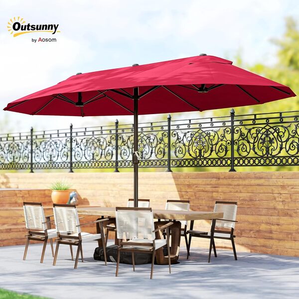 Outsunny Parasol de jardin exterieur parasol double rectangulaire 4,6L x 2,7l x 2,4H m avec ouverture fermeture manivelle, sacs de lestage et base inclus, pour balcon, piscine, bordeaux
