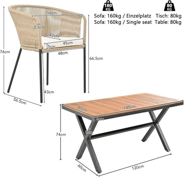 Salon de jardin d'extérieur 6 places avec table, meubles de salon avec 6 fauteuils, meubles de jardin pour terrasse, jardin et balcon, beige