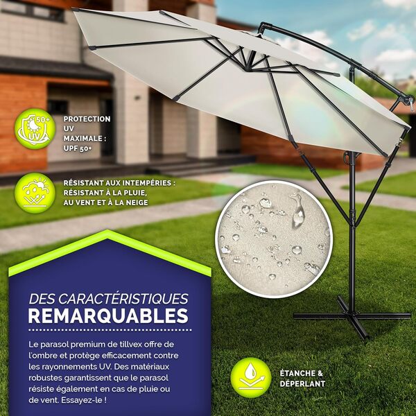 tillvex Parasol déporté hexagonale 3M avec manivelle | Pare-soleil avec pied | Protection UV en aluminium pour le jardin | Parasol à manivelle pour le marché déperlant