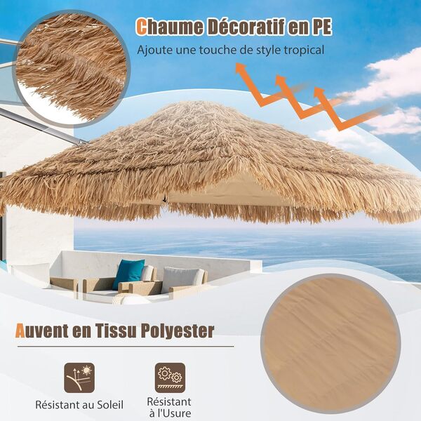GOPLUS 2,7M Parasol Paille en PE, Parasol Déporté Suspendu de Style Hawaïen Tropical, avec Double Toits, 8 Baleines, Bloquer Soleil, pour Patio/Terrasse/Jardin, Base Non Incluse