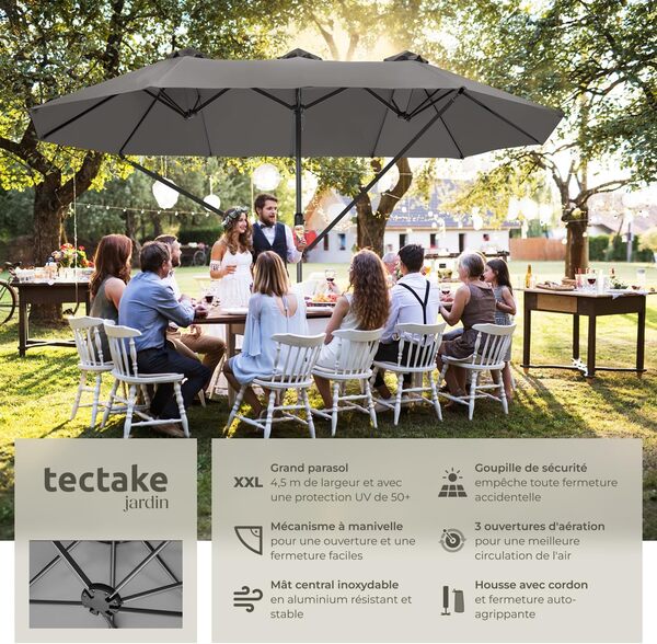 TecTake® Parasol de Jardin Exterieur Parasol Double Rectangulaire à manivelle Cadre en Aluminium avec 1 Mât 460 x 270 x 241 cm, Protection UV 50+, Résistant au vent, pour Salon de jardin