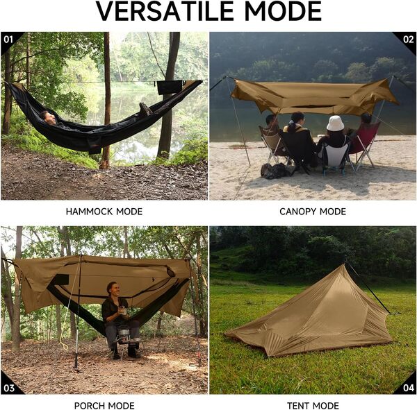 Skynest Ultra-léger Hamac avec Filet et Bâche Anti-Pluie 335 x 140 cm, Tente Hamac de Camping 4 en 1, Hamac Portable avec Corde Faîtage, Facile à Installer pour Le Camping, Randonnée
