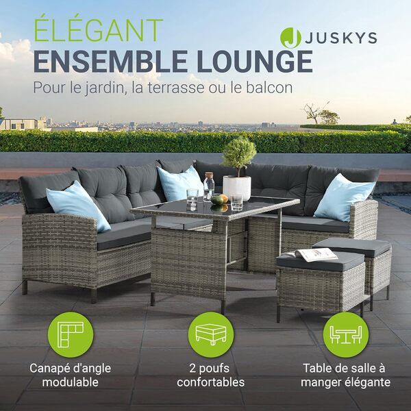 Juskys Salon de Jardin Lounge Manacor en polyrotin Gris moucheté - avec canapé, Table, 2 tabourets et Coussins - Ensemble de Meubles de Jardin jusqu'à 7 Personnes - Housses Grise