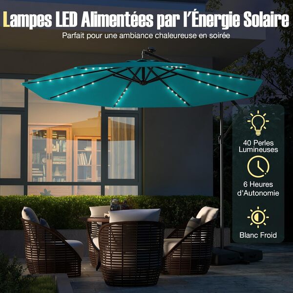 GOPLUS Parasol Déporté Inclinable Extérieur Ø 3M, 8 Baleines 40 Lampes LED Solaires pour Jardin, Terrasse, Cour, Plage (Turquoise)