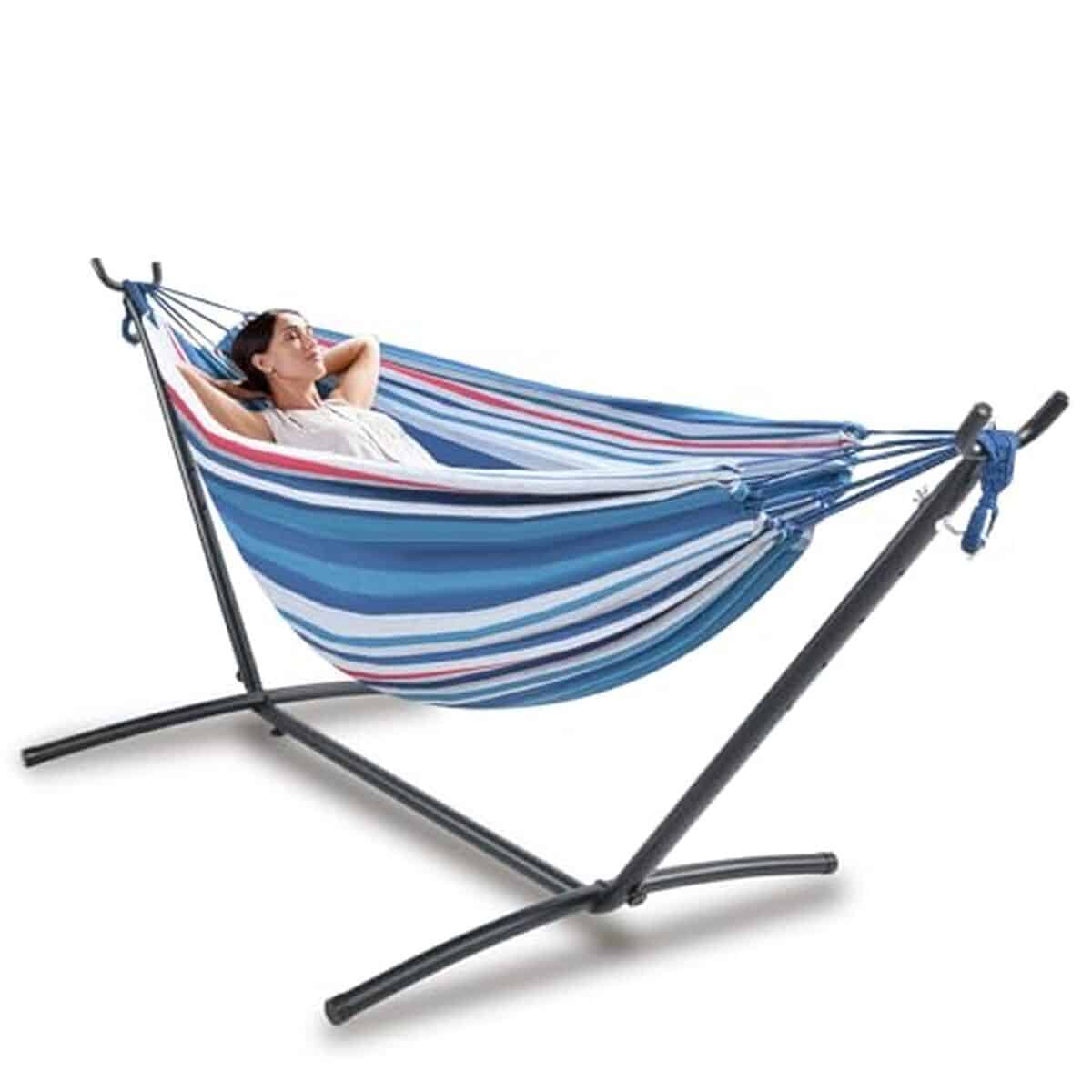 Test du hamac double confortable en bleu : robustesse et capacité de 200 kg