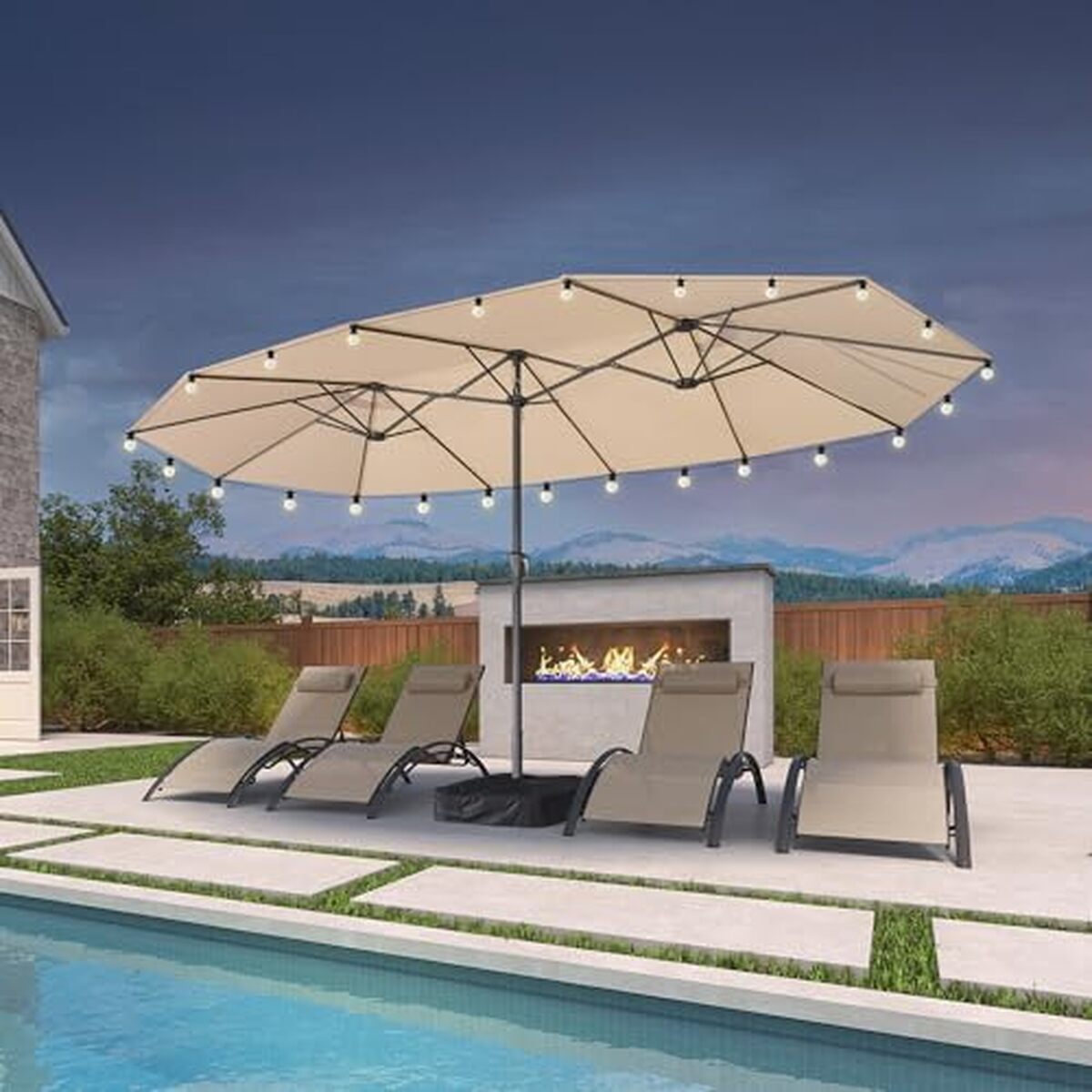Test : parasol inclinable Purple Leaf avec guirlande solaire