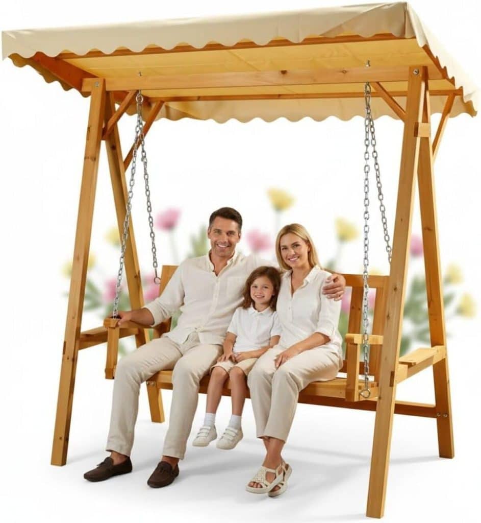 Test : balancelle de jardin en bois Melko avec toit beige